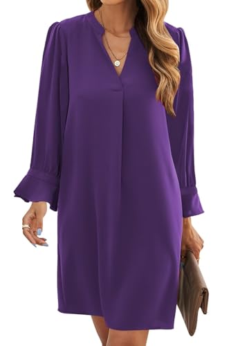 Image of Wkior Womens Fall Ruffle Long Sleeve V Neck Shift Dresses (S-XXL)