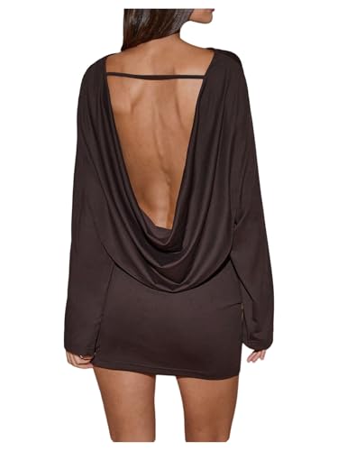 Milumia Womens Sexy Draped Backless Mini Dress Boat Neck Long Sleeve Party Club Short Dresses Brown Large