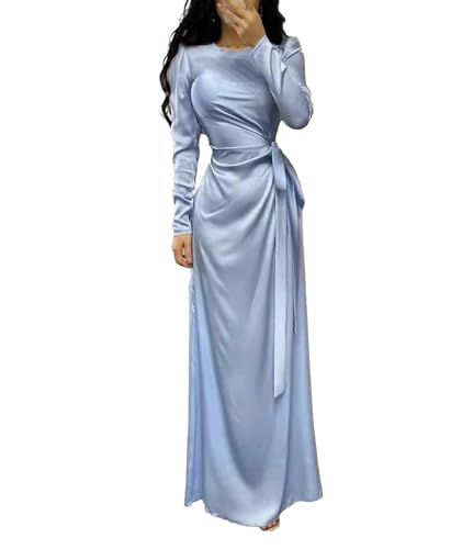 Image of xxxiticat Women's Satin Long Dress Long Sleeve Puff Shoulder Crew Neck Tie Up Waist Ruched High Slit Maxi Slip Dresses(BE,L) Blue, Large