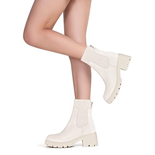 Rihero Women's Chelsea Boots Lug Sole Platform Ankle Elastic Chunky Heel Cream Booties Size 7.5 #TOP5