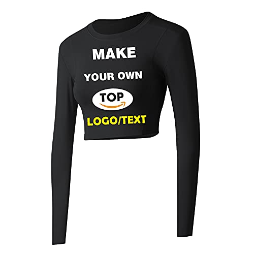 Custom Logo Text Print Women's Crop Tops Yoga Workout Long Sleeve Shirts Black