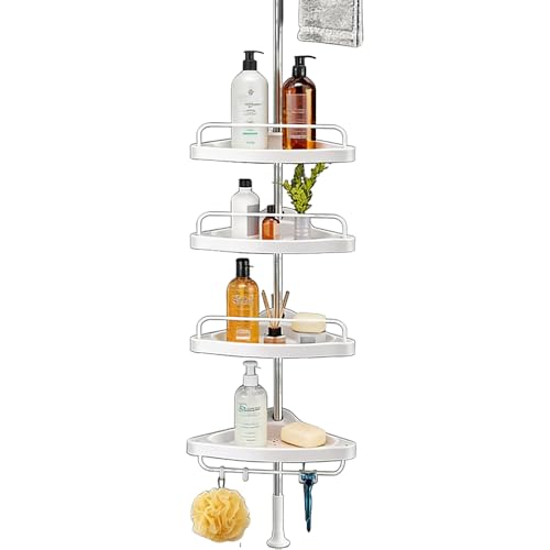 Image of Bathroom Shelfs, 4 Tier Corner Shower Caddy Adjustable Telescopic Bathroom Shelf, Rustproof Stainless Steel Shower Storage Organiser with Towel Bar, No Drill Floor Ceiling Bathroom Rack