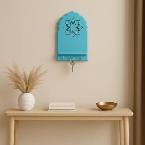 Image of Globally Indian Engineered Wood Keys Holder for Wall with Shelf |Mandala Design Key Stand Organizer for Home Entrance |Decorative Key Hanger for Wall, Entryway, Living Room |Floating Wall Shelf (Blue)