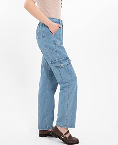 Women's Elastic Waist Straight Leg Relaxed Fit Cargo Jeans Utility Casual Denim Cargo Outdoor Pants4