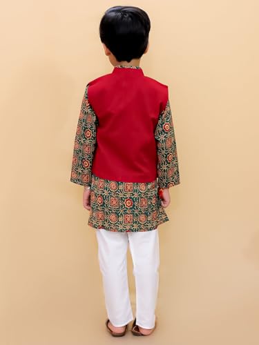 Image of The Mom Store Boys Printed Cotton Kurta Pajama Set With Jacket | Soft And Comfortable Ethnic Wear For Baby /Kids Boys | Full Sleeves Kurta Pyjama Set | Traditional Indian Outfit