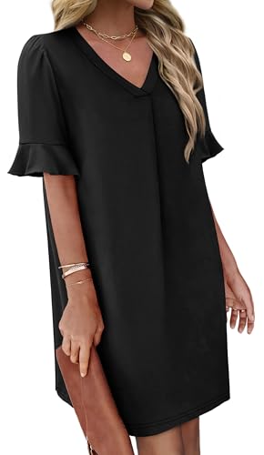 Image of OFEEFAN Summer Dresses for Women Ruffle Short Sleeve V Neck Casual Shift Dress with Pockets