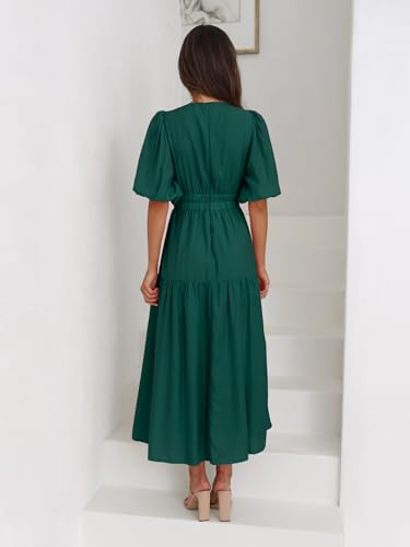 Image of Women's Summer Deep V Neck Puff Short Sleeve Tiered Maxi Dress Flowy A Line Long Dresses