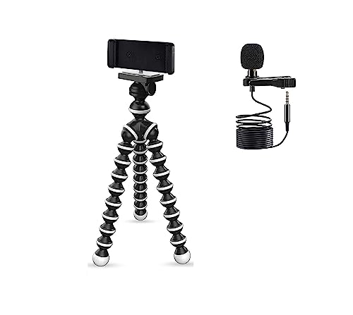 NOCXTUN Tripod/Mini (13 Inch) Tripod for Mobile Phone with Phone Mount Flexible Gorilla Stand for DSLR & Action Cameras with Professional Collar Mic for YouTube Grade Lavalier Microphone Combo Offer.
