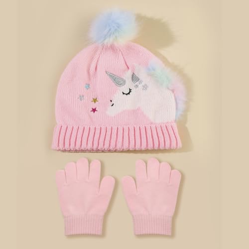 Toddler Kids Girls Winter Knit Unicorn Beanie Hat and Gloves Set with Pom Pom Age 2-8 Yrs2