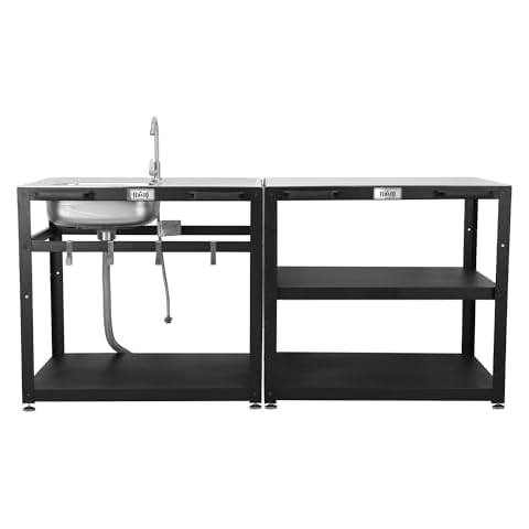 Stainless Steel 3-Shelf Grill Table Cart and Outdoor Sink Cart Set,Outdoor Grill Cart, Outdoor Kitchen Food Prep Island Table Set with Sink and Wheels for Courtyard Patio Grilling BBQ Pizza Griddle Cover