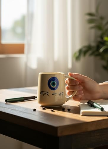 Image of Nazar Na Lage Ceramic Coffee Mug 250 ml | Evil Eye Protection Printed Tea Cup | Stylish Ceramic Mug for Tea, Coffee, Home & Office