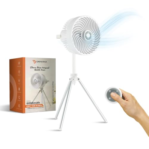 Dravina Portable Table Fan with Magnetic Remote, 120° Rotation & Tripod Stand | 3 Light Modes, 4 Speeds | 6000mAh Rechargeable BLDC Fan, 14 Hours Runtime | Compact 8cm Design for Travel & Office