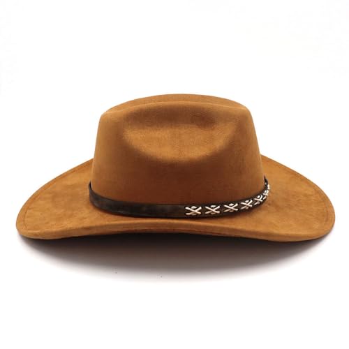 Image of Western Suede Cowboy Hat for Women Men Wide Brim Classic Cowboy Cowgirl Hat with Buckle Belt Felt Fedora Hat
