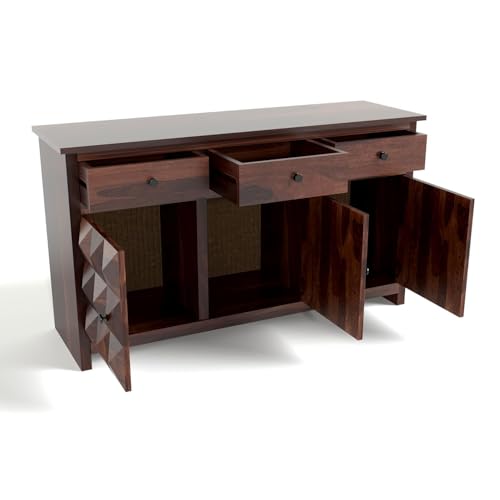 Image of Solid Sheesham Wood Wooden Sideboard Storage Cabinet & Chest of Drawer : Ideal for Living Room and Bedroom with 3 Drawers and 3-Shelf Storage (Morse, Walnut Finish)