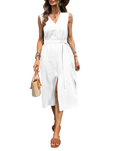 Image of Women's 100% Linen Midi Dress V Neck Sleeveless Tie Waist Side Slit Dresses 2026 Summer Dress with Pocket
