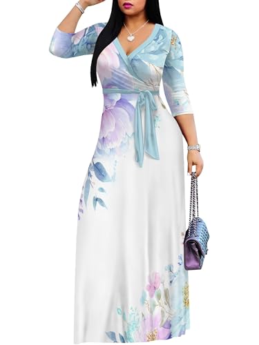 Image of SUZONANA Plus Size Dresses for Women Floral Print Maxi Dress Flowy 3 /4 Sleeve with Belt