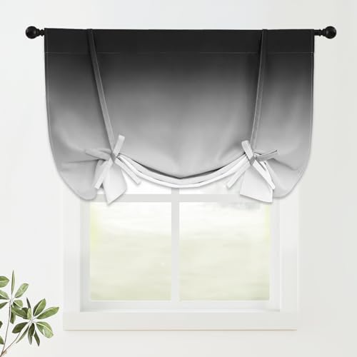 COSVIYA 100% Blackout Ombre Black Adjustable Tie Up Curtains for Kitchen Thermal Insulated Room Darkening Valance Rod Pocket Balloon Roman Shade for Small Window,48" L x 42" W, 1 Panel