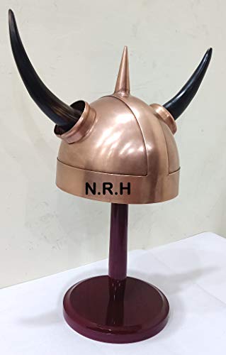 Nautical Replica Hub Copper Viking Helmet with Horns Medieval King Armor Helmet Costume Halloween Helmet With Wooden Stand