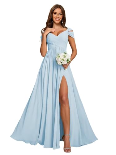 Image of vintys Women's Off Shoulder Ruched Bridesmaid Dresses Long with Pockets Slit Chiffon Formal Evening Dress VS180
