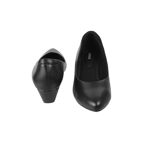 Image of Mochi Women Black Synthetic Pointed Toe Mid Heel Pumps with Bow Detail, Slip On Formal Office Wear Shoes