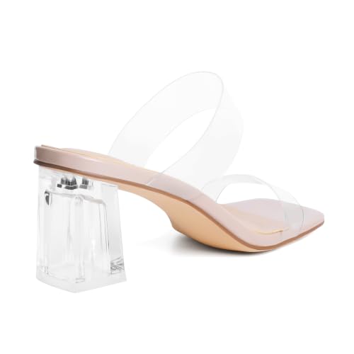 Image of vivianly Women Clear Low Block Heels Transparent Sandals | Square Open Toe Chunky High Heels Slip on Heeled Sandals Mules Slide for Party Wedding Dress Shoes