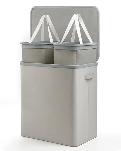 Keplin Collapsible Laundry Basket with Lid – 2 Section Clothes Sorter Hamper 150L – Large Fabric Washing Bin with Removable Liner, Handles & Bottom Strap – Foldable Grey Laundry Organizer 56x40x67cm