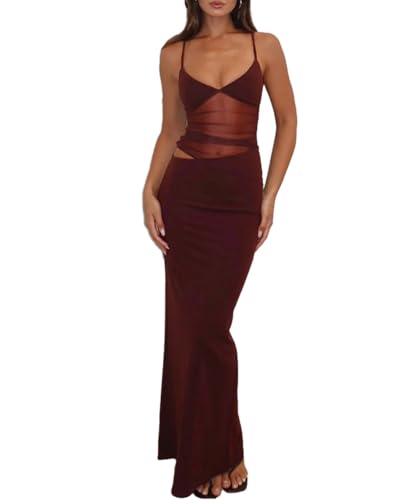 Women's Sexy V Neck Spaghetti Strap Bodycon Maxi Dress Backless Mesh Cut Out Cocktail Long Formal Dresses