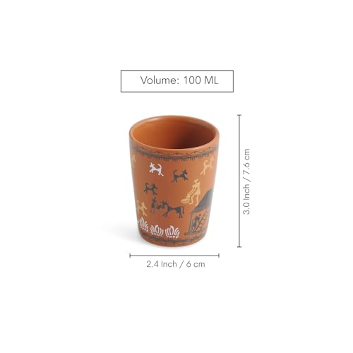 Image of ExclusiveLane 'Warli Village Tales' Handcrafted Ceramic Cutting Chai Glasses Set of 6 Tea Glasses Tea Cups Coffee Mug (100 ML, Microwave Safe)