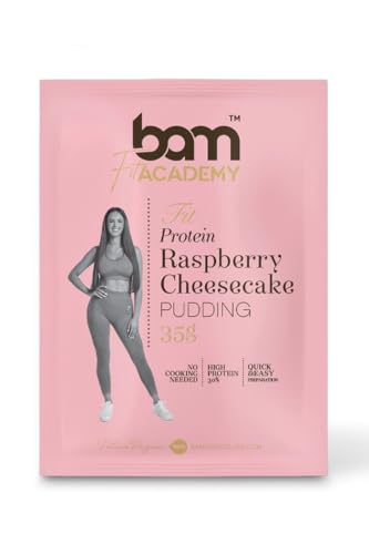 BAM Protein Pudding Pulver mit Süßstoff, Einfach & Schnell zubereitet, Reich an Whey Protein, Proteinreicher Snack – 35 g, Himbeer-Cheesecake