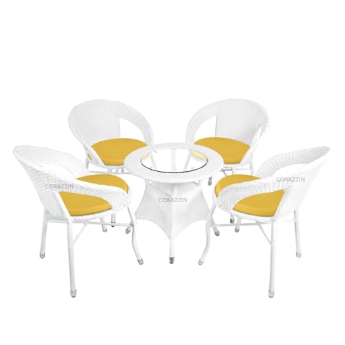 Image of Rattan Wicker Garden Patio Seating Chair and Table Set for Outdoor Balcony Garden Coffee Table Set Furniture with 1 Table and 4 Chairs with Yellow Cushion (White)