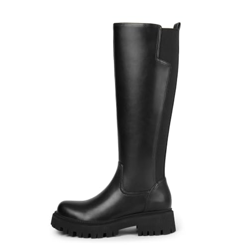 Image of TEAIEUI Womens Low Block Heel Platform Stretch Knee High Boots, Side Zipper | Comfortable Tall Boots, Stretch Calf, Round Toe, 1.81 inch Heel, Faux Leather, for Fall, Winter, Going out, Dress, Festival