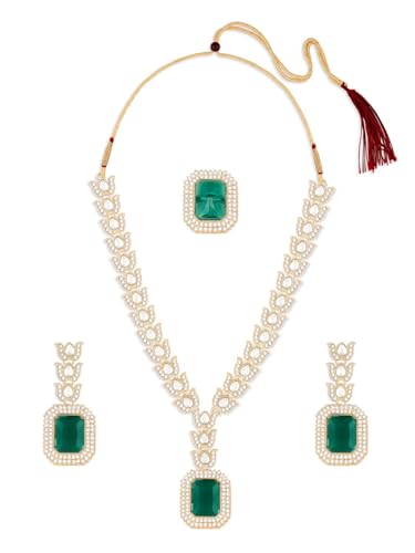 Image of Ami Green Statement Stones Austrian Diamonds Lotus Design Necklace Earring and Ring Set For Women-ZPFK19783