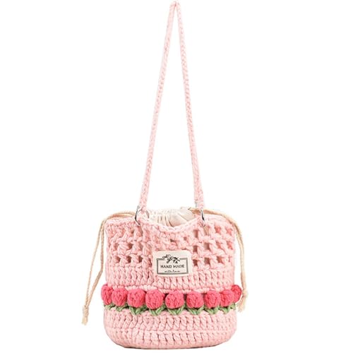 Hand Crochet Drawstring Bag, Knitted Shoulder Handbags, Handwoven Crochet Tote Bag for Women