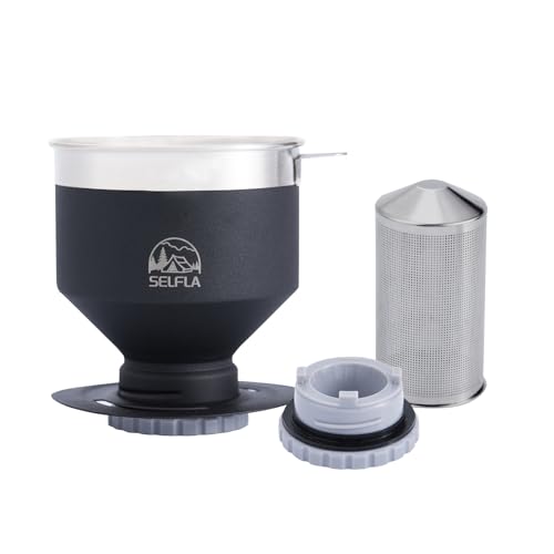 SELFLA Stainless Steel Pour Over Coffee Filter Reusable Dripper for Insulated Mugs Paperless Coffee Maker for Hiking Camping & Outdoor Adventures Rinse-clean & Portable - Black