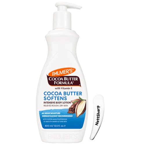 Palmers Cocoa Butter Body Lotion 400ml with Pump and Cosmetic Spatula Daily Moisturiser with Vitamin E for Dry Skin 48Hr Hydration Smoothes Marks and Evens Skin Tone