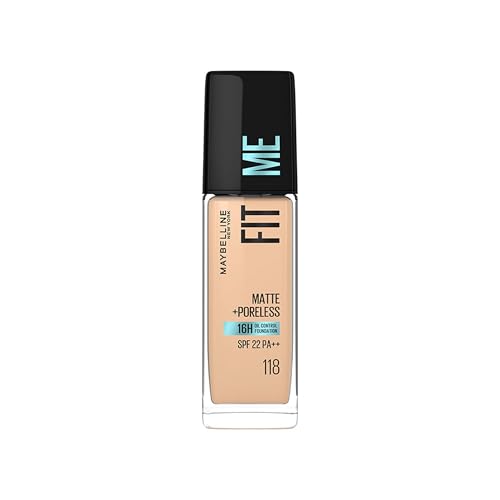 Maybelline New York Fit Me Matte + Poreless Liquid Foundation, , Matte Finish and pore minimizing Foundation, lightweight formula suitable for daily use and Indian Skin – 118 Light Beige, 30 ml