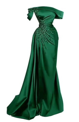 Mermaid Prom Dresses for Women Beaded Satin Off Shoulder Formal Dress with Slit
