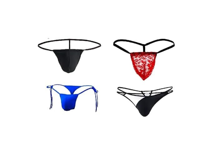 Men's Sexy G String Briefs Assorted Thong Collection, Multiple Styles and Colours, Black, Red, Blue Regular Fit (S,M,L)-image-4