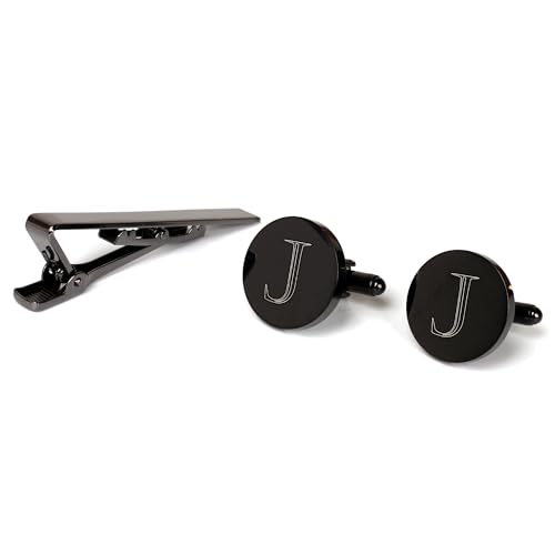 Image of Mens Initial Cufflinks and Tie Clip A-Z Alphabet Letter Black Stainless Cuff Links Tie Bar with Engraved Walnut Wood Box Groom Groomsman Wedding Set