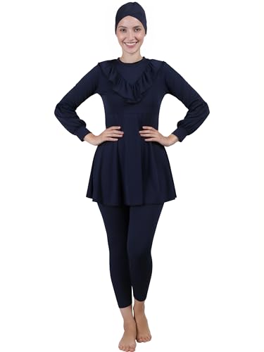 Image of Women 3 Piece Modest Muslim Swimwear Islamic Ruffle Full Coverage Long Sleeve Removable Chest Pads Swim Hijab Cap Swimming Costume Burkini Swimsuit