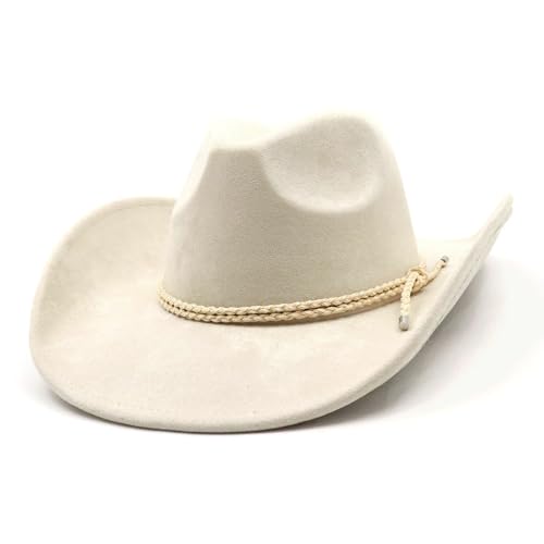 Image of Western Cowboy Hat for Women Men Wide Brim Cowboy Hat for Women with Woven Buckle Belt Suede Classic Fedora Hats