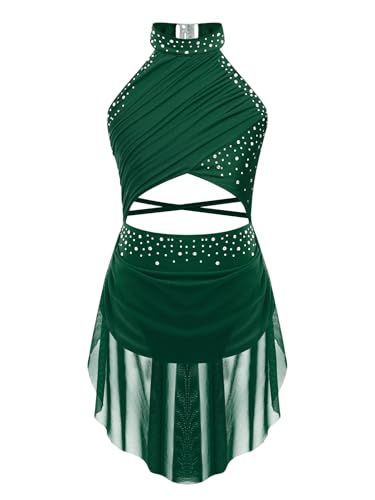 YiZYiF Vestito da Balletto Bambina Costume di Danza Senza Maniche Abito da Ballo Lirico Contemporaneo Body da Ginnastica Vestito Pattinaggio Artistico Verde 11-12 Anni