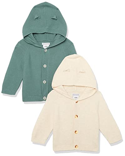 Amazon Essentials Unisex Baby Kapuzenpullover, 2er-Pack, Dunkles Salbeigrün/Haferbeige, 18 Monate