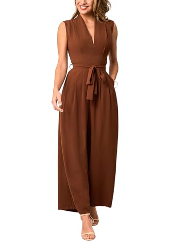 CUPSHE Mono elegante para mujer, sin mangas, cuello en V, pierna ancha, largo, con lazo en la cintura, para verano, casual, trabajo, fiesta, noche, granate, L