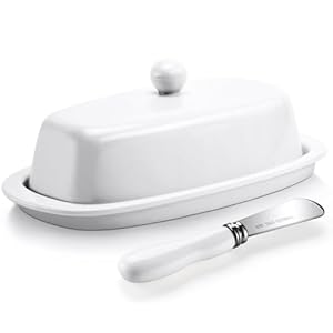 Yedio Ceramic Butter Dish with Lid and Knife for Countertop Refrigerator, 8 Inch White Butter Holder with Porcelain Cover Knob Handle for East West Coast Butter Stick