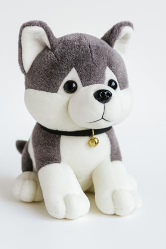 Image of Plush Husky Dog Soft Toy, Grey and White, 18 cm, Super Soft Material with Bell Collar, No Assembly Required, for Ages 3-40 Years