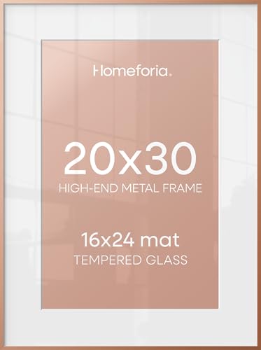 Image of Homeforia 20x30 Frame Rose Gold, High End Metal 20x30 Picture Frames with Mat 16x24 inch Photo, 20 x 30 Rose Gold Poster Frame Matted to 16 by 24, 30x20 Large Frame, Tempered Glass, Wall Kit, Set of 1