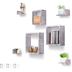 Estanterias Cuadradas Blancas Pared rústica montado en la Forma Cuadrada imitó estantes flotantes - Conjunto de 7-3 estantes Cuadrados y 4 estantes rústicos Forma de rectángulo - Tornillos y Anclajes incluidos - Blanco