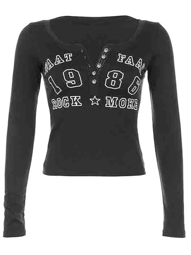 Xineicy Women's Y2K Long Sleeve Henley Tops Casual T-Shirts for Women Slim Fit Vintage Graphic Crop Tops4