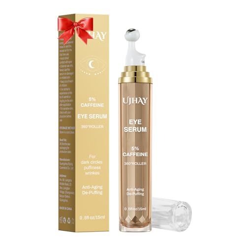 UJHAY 5% Caffeine Eye Cream, Under Eye Serum for Dark Circles, Puffiness & Wrinkles Fine Lines, Eye Roller Serum with 360° Massage Ball, Eye Treatment Balm for Men & Women